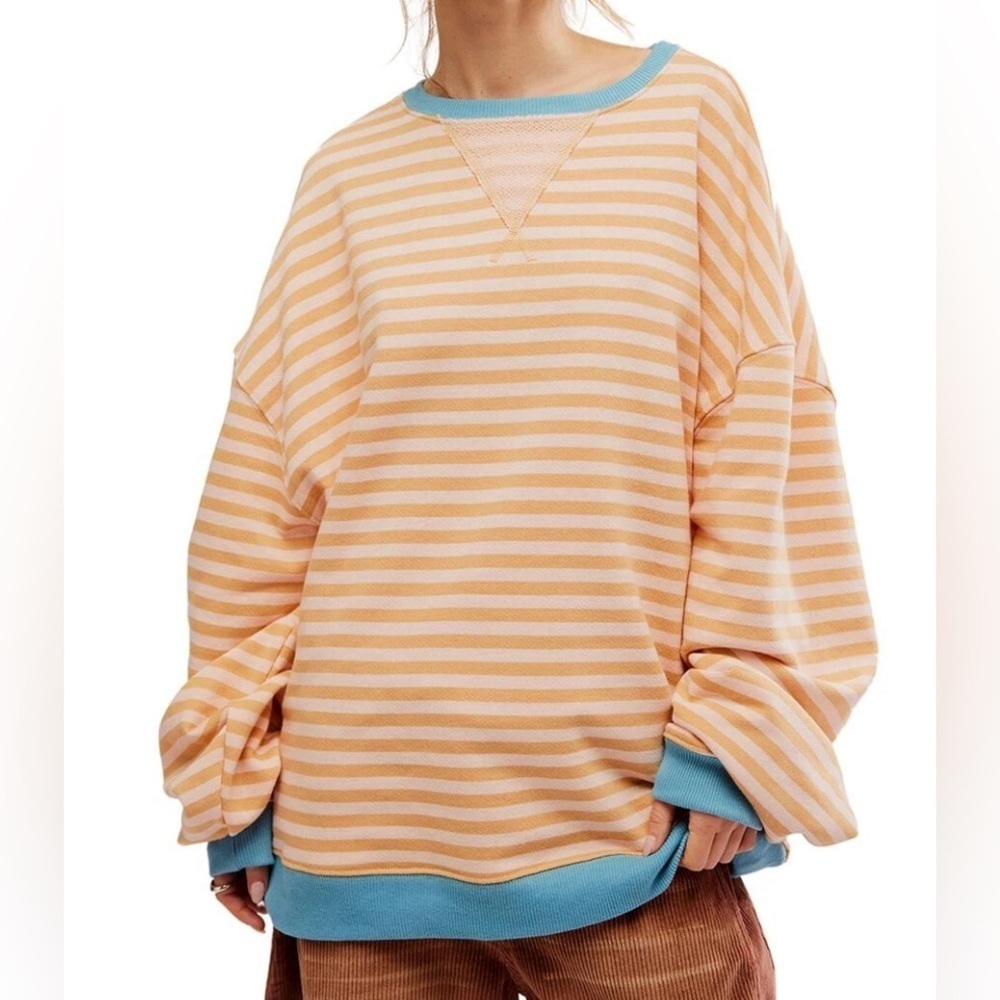 Free People NWOT We The Free Classic Striped Oversized Crew Latte Combo Size M